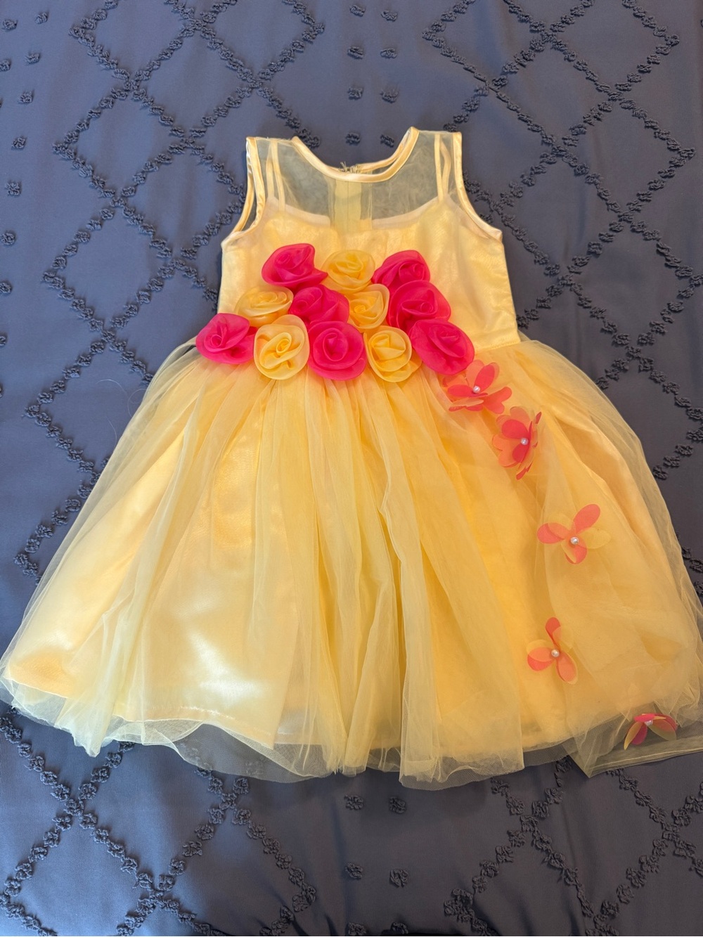 Yellow Tulle Flower Appliqué Formal Dress for Girls